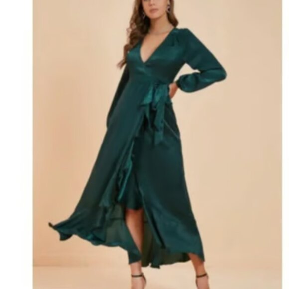 Silk + Salt Emerald Green Wrap Dress Adjustable Formal Sweeping Floor Length - Picture 9 of 9